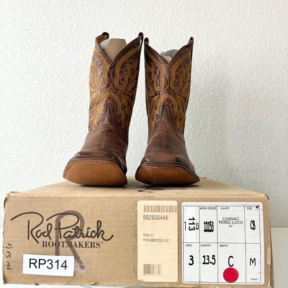 Rod Patrick Mens Cowboy Boots 13.5C Perro Loco Brown Leather Western Square Toe - Picture 11 of 12